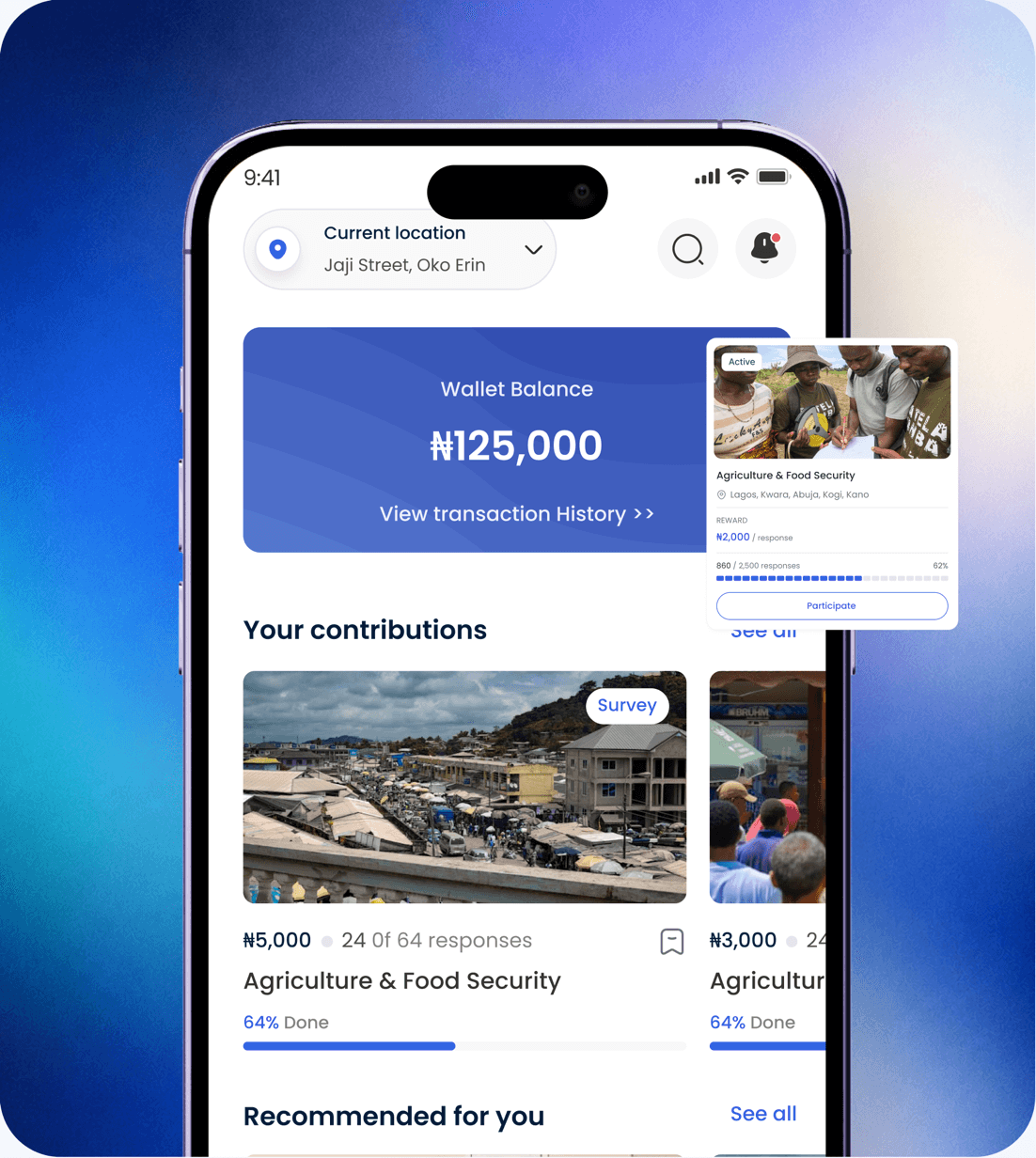 Goloka mobile dashboard with wallet balance and campaign cards