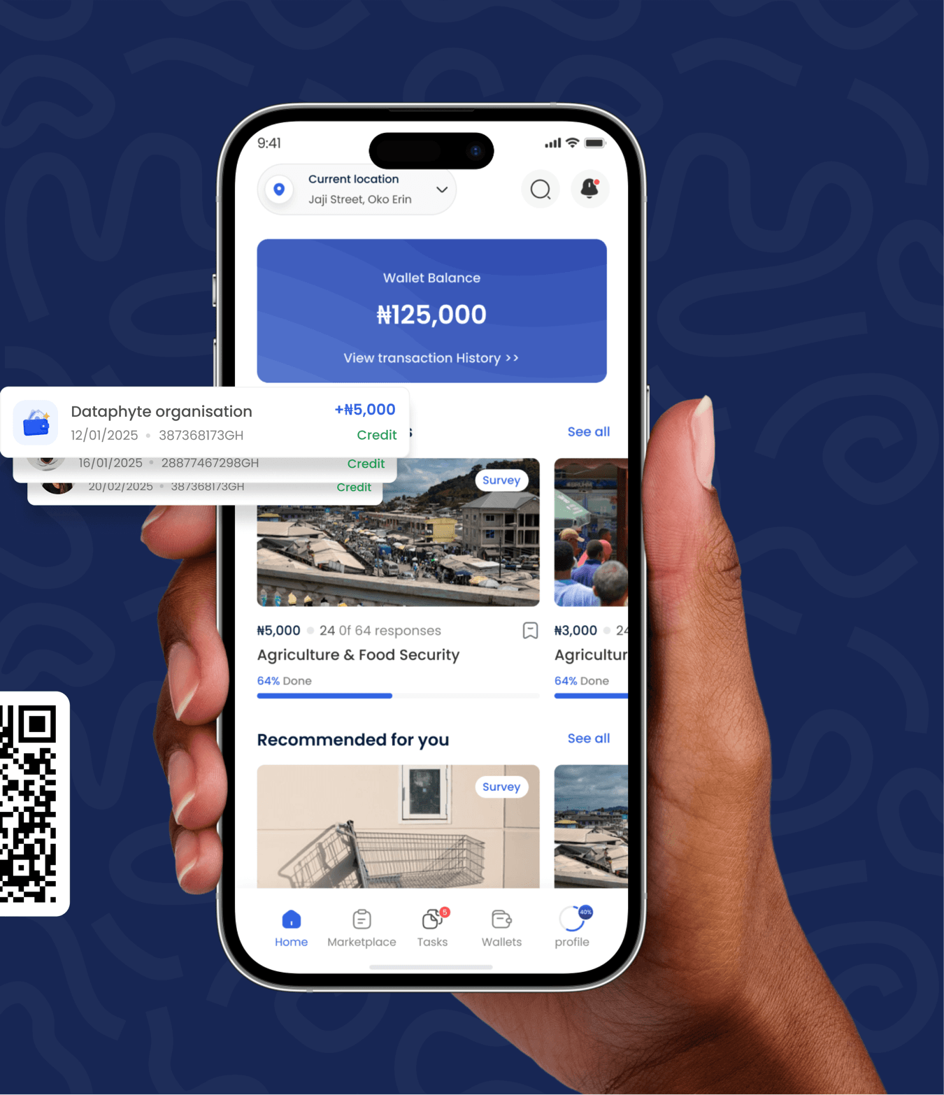 Goloka app on a phone showing contributions, campaigns and rewards