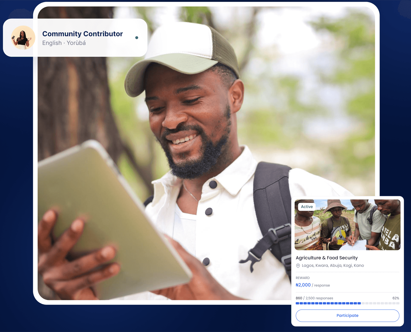 A contributor holding a tablet, with a community profile and campaign preview